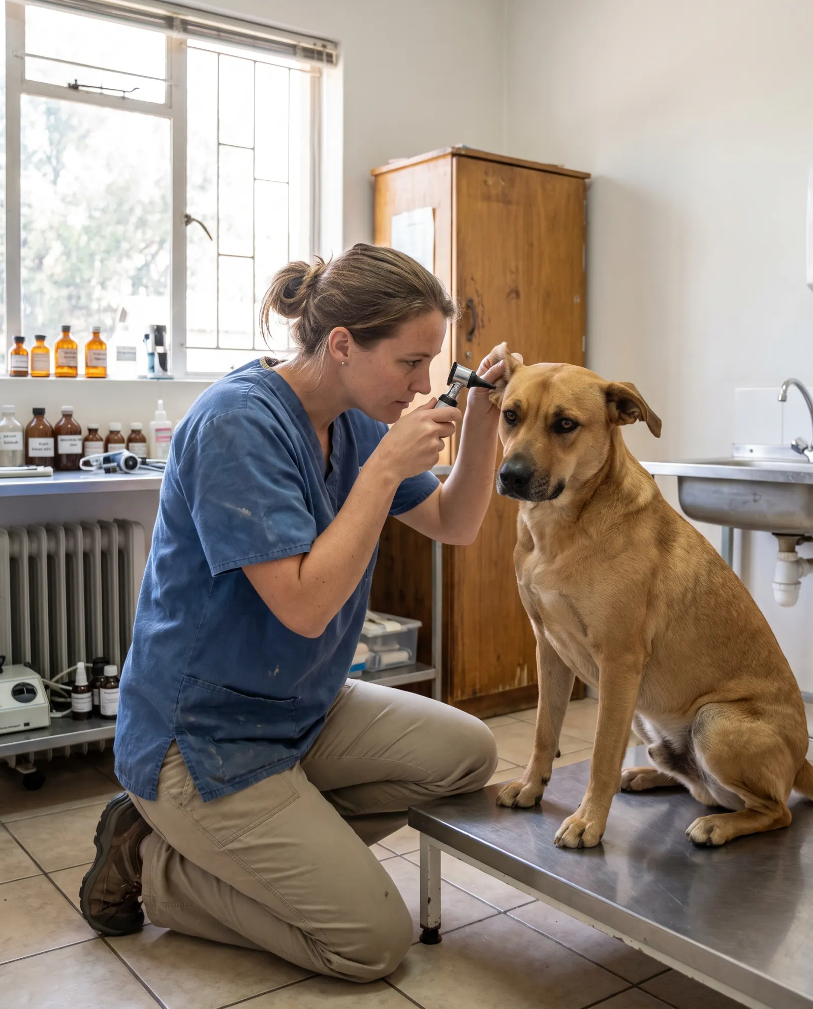 A vet gently checking a calm dog’s ear in a bright consulting room