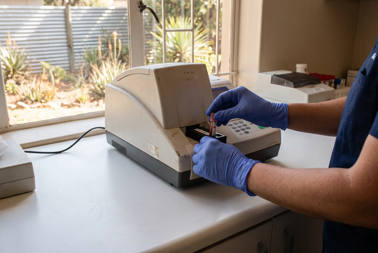 Gloved hands placing a blood sample tube into an analyser on a clinic counter